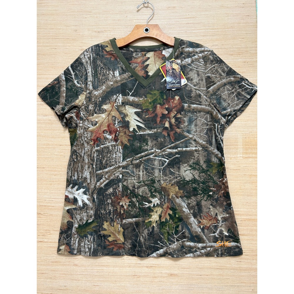 SHE Outdoor Womens TrueTimber Camo‎ V-Neck Hunting T-Shirt Large Green Brown NEW